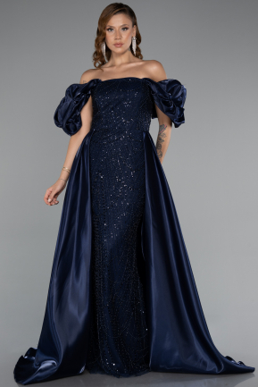 Abendkleid Lang Perlenbesetzt Marineblau ABU5154