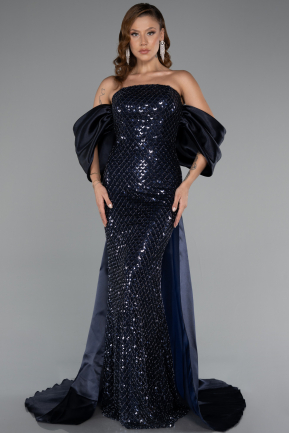 Abendkleid Lang Perlenbesetzt Marineblau ABU5169