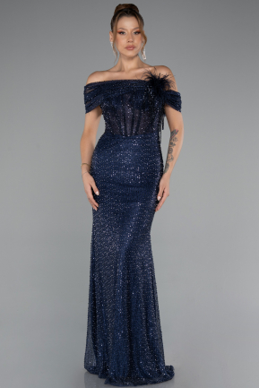 Abendkleid Lang Perlenbesetzt Marineblau ABU5183