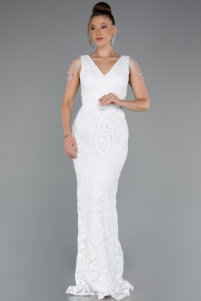 Weiß Abendkleid İm Meerjungfrau-Stil Schuppig Lang ABU3842