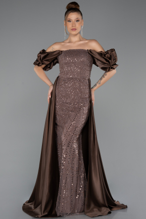Abendkleid Lang Perlenbesetzt Braun ABU5154