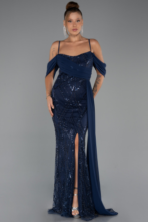 Abendkleid Lang Perlenbesetzt Marineblau ABU5316