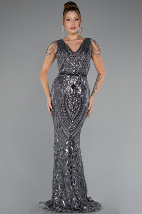 Abendkleid im Meerjungfrau-Stil Lang Schuppig Anthrazit ABU3842