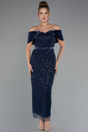Partykleid Midi Perlenbesetzt Marineblau ABK2453