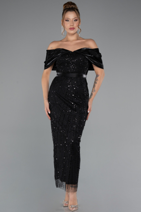 Partykleid Midi Perlenbesetzt Schwarz ABK2453