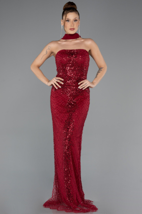 Abendkleid Lang Perlenbesetzt Weinrot ABU5438