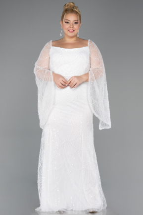 Weiß Abendkleid İn Übergröße Perlenbesetzt Lang ABU5067