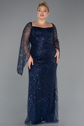 Abendkleid in Übergröße Lang Perlenbesetzt Marineblau ABU5067