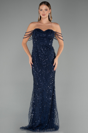 Abendkleid Lang Perlenbesetzt Marineblau ABU5477