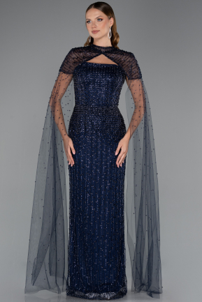 Abendkleid Lang Perlenbesetzt Marineblau ABU5483