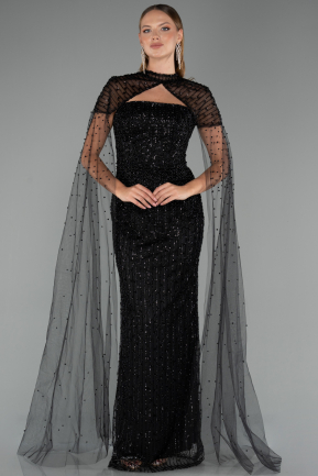 Abendkleid Lang Perlenbesetzt Schwarz ABU5483