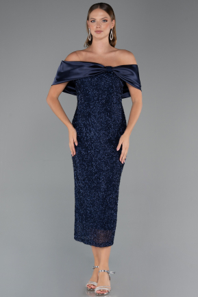 Partykleid Midi Perlenbesetzt Marineblau ABK2461