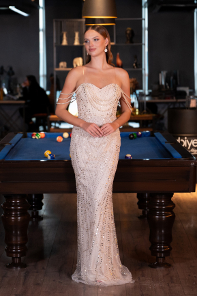 Abendkleid Lang Perlenbesetzt Beige ABU5477