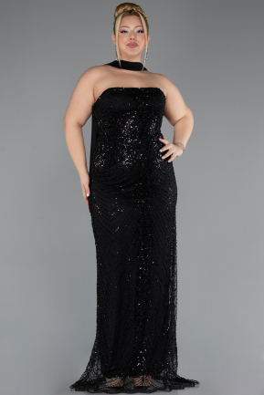 Abendkleid in Übergröße Lang Perlenbesetzt Schwarz ABU5495