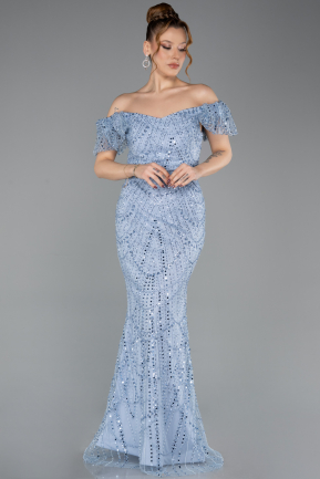 Abendkleid Lang Perlenbesetzt Indigo ABU5547