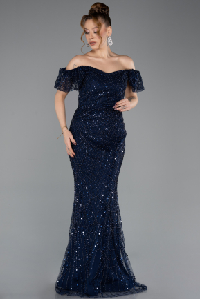 Abendkleid Lang Perlenbesetzt Marineblau ABU5547