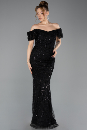 Abendkleid Lang Perlenbesetzt Schwarz ABU5547