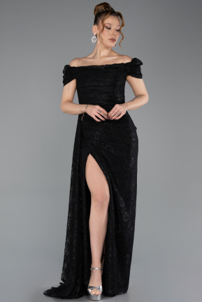 Abendkleid Lang Guipure Spitze Schwarz ABU5553