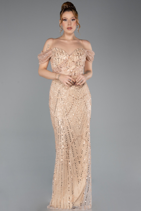 Abendkleid Lang Perlenbesetzt Gold ABU5557
