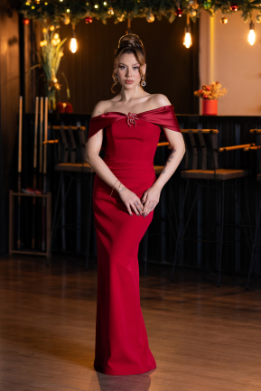 Rot Schulterfreies Langes Abendkleid ABU5562