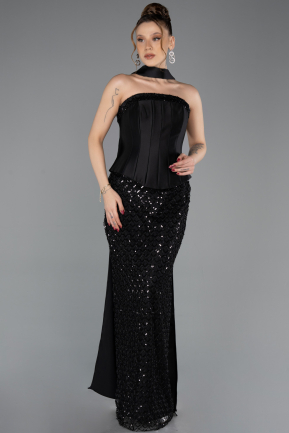 Abendkleid Lang Perlenbesetzt Schwarz ABU5556