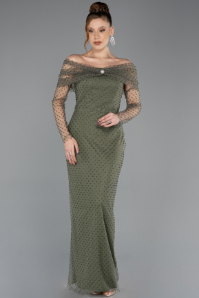 Khaki Abendkleid Perlenbesetzt Lang ABU5550