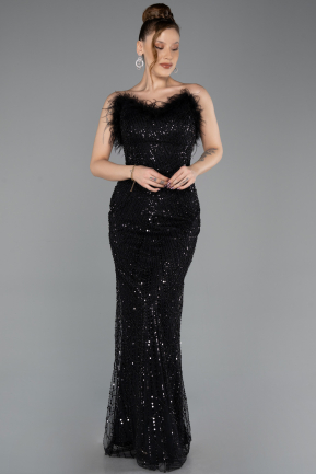 Abendkleid Lang Perlenbesetzt Schwarz ABU5590