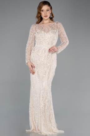 Abendkleid Lang Perlenbesetzt Beige ABU5649