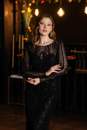 Abendkleid Lang Perlenbesetzt Schwarz ABU5649