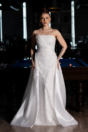 Weiß Abendkleid Perlenbesetzt Lang ABU5511