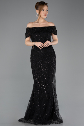 Abendkleid Lang Perlenbesetzt Schwarz ABU5694