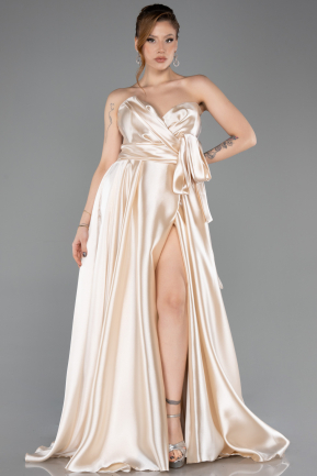 Beige Abendkleid Satin Lang ABU4774