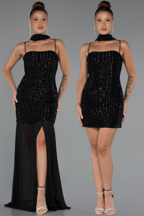 Abendkleid Kurz Perlenbesetzt Schwarz ABK2443