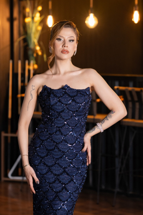 Abendkleid Lang Schuppig Marineblau ABU5701