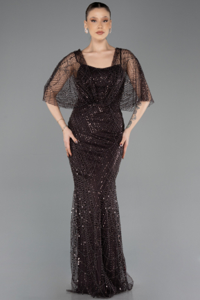 Abendkleid Lang Perlenbesetzt Braun ABU5718