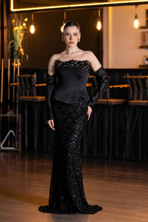 Abendkleid Lang Schuppig Schwarz ABU5732