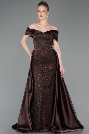Braun Abendkleid Perlenbesetzt Lang ABU5400