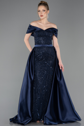 Marineblau Abendkleid Perlenbesetzt Lang ABU5400