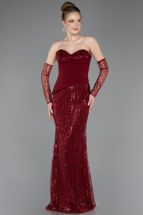 Abendkleid Lang Perlenbesetzt Weinrot ABU5766