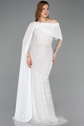 Standesamtkleid Lang Perlenbesetzt Weiß ABU5816