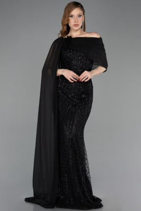 Standesamtkleid Lang Perlenbesetzt Schwarz ABU5816