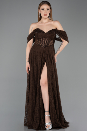 Standesamtkleid Lang Spitze Braun ABU5867