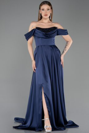 Abendbekleidung Lang Satin Marineblau ABU5891
