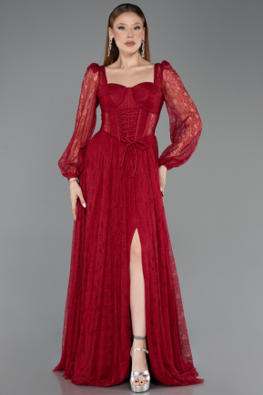 Weinrot Standesamtkleid Spitze Lang ABU5797