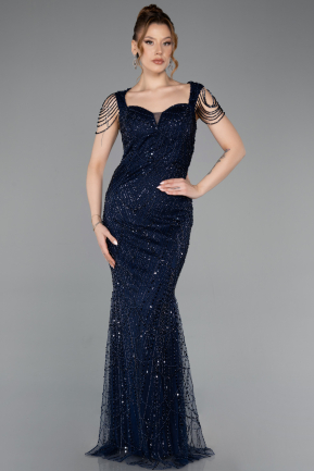 Abendkleid Lang Perlenbesetzt Marineblau ABU5914