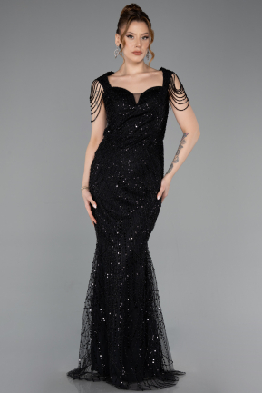 Abendkleid Lang Perlenbesetzt Schwarz ABU5914