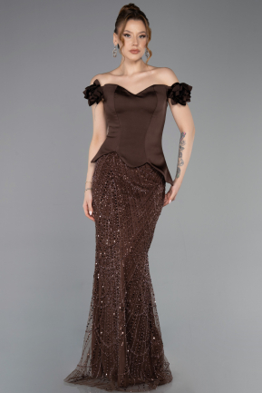 Braun Abendkleid Perlenbesetzt Lang ABU5616