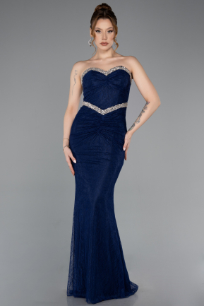 Abendkleid im Meerjungfrau-Stil Lang Spitze Marineblau ABU5921