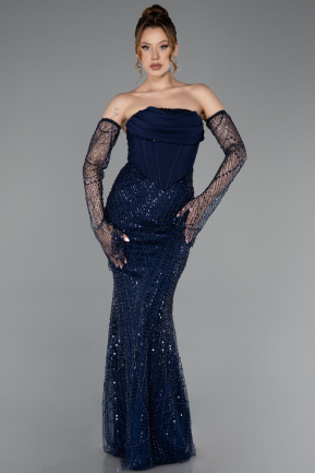 Abendkleid Lang Perlenbesetzt Marineblau ABU5922