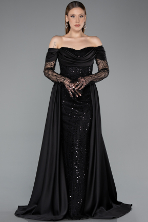 Abendkleid in Übergröße Lang Perlenbesetzt Schwarz ABU6093
